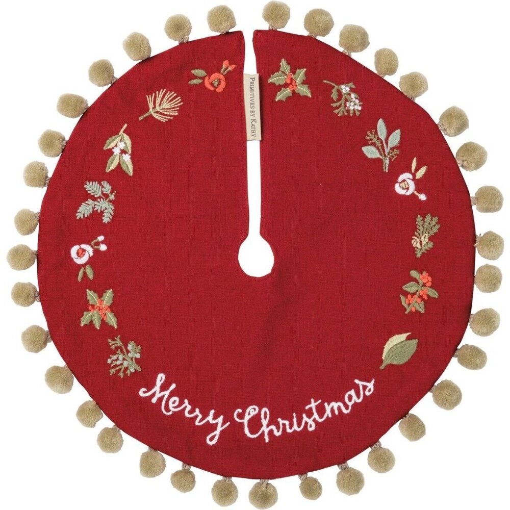 Christmas Tree Skirt Small 12.5" Diameter Merry Christmas Floral Embroidery Red